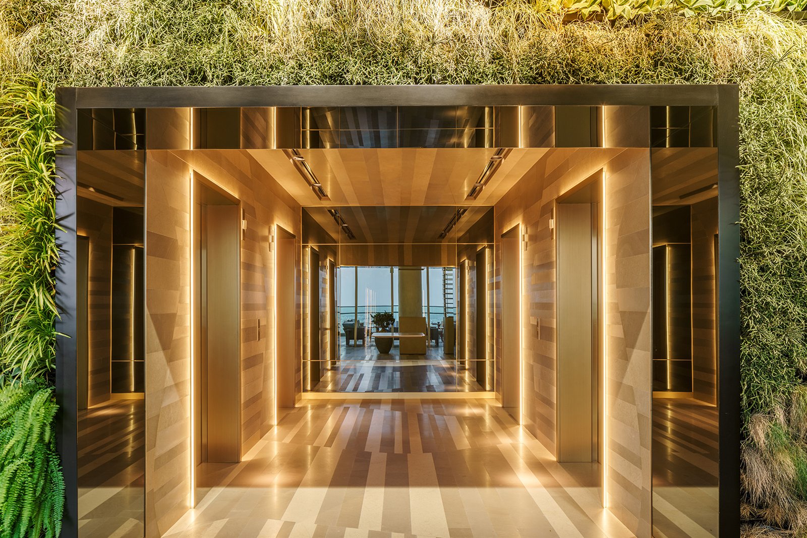 Metal wall cladding in a hotel interior