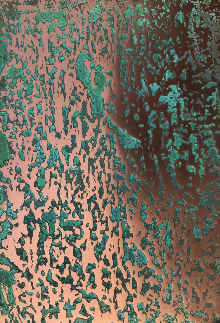 Antique patina stainless steel surface with verdigris character