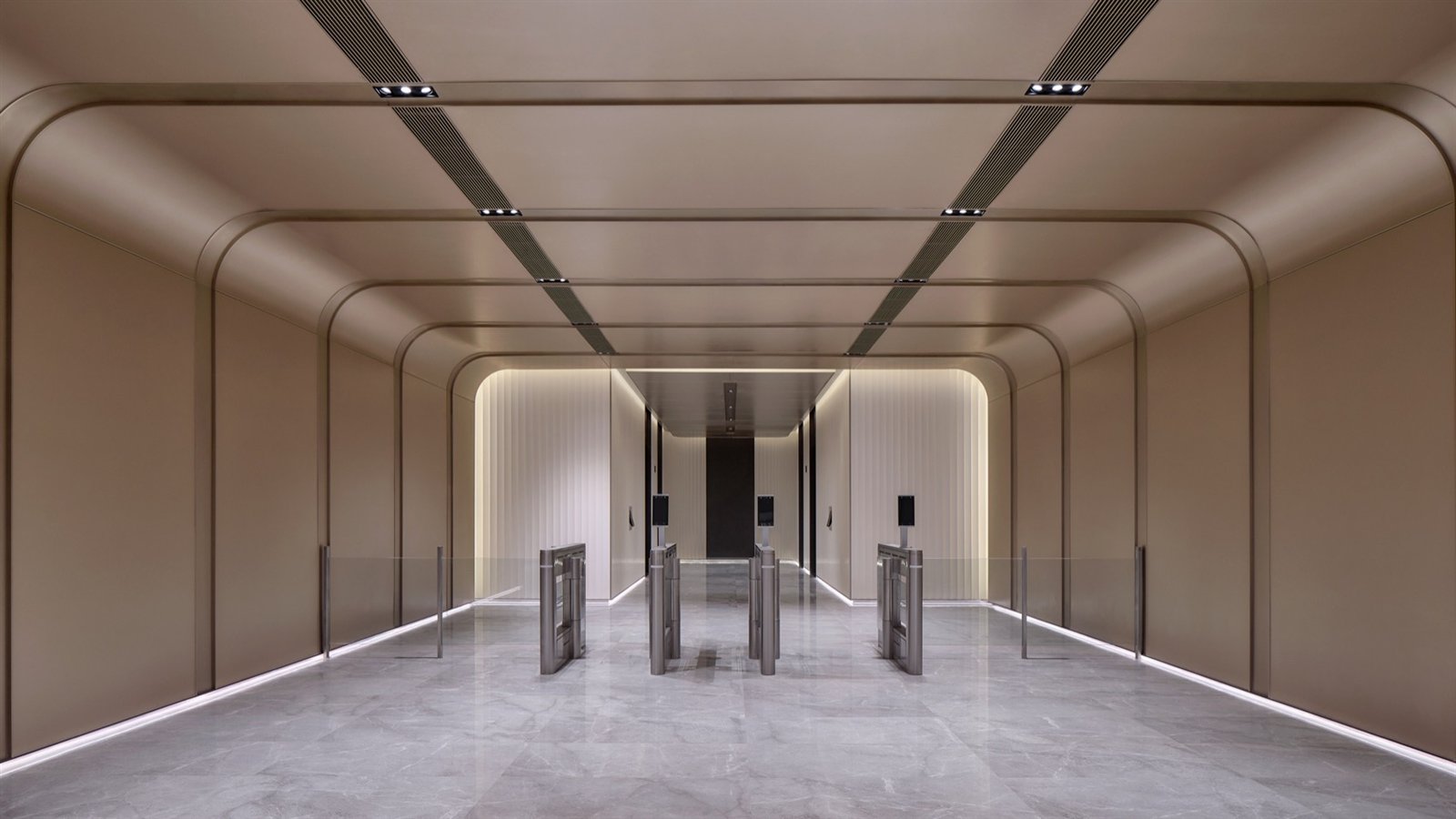 Linear metal ceiling in a commercial retail concourse