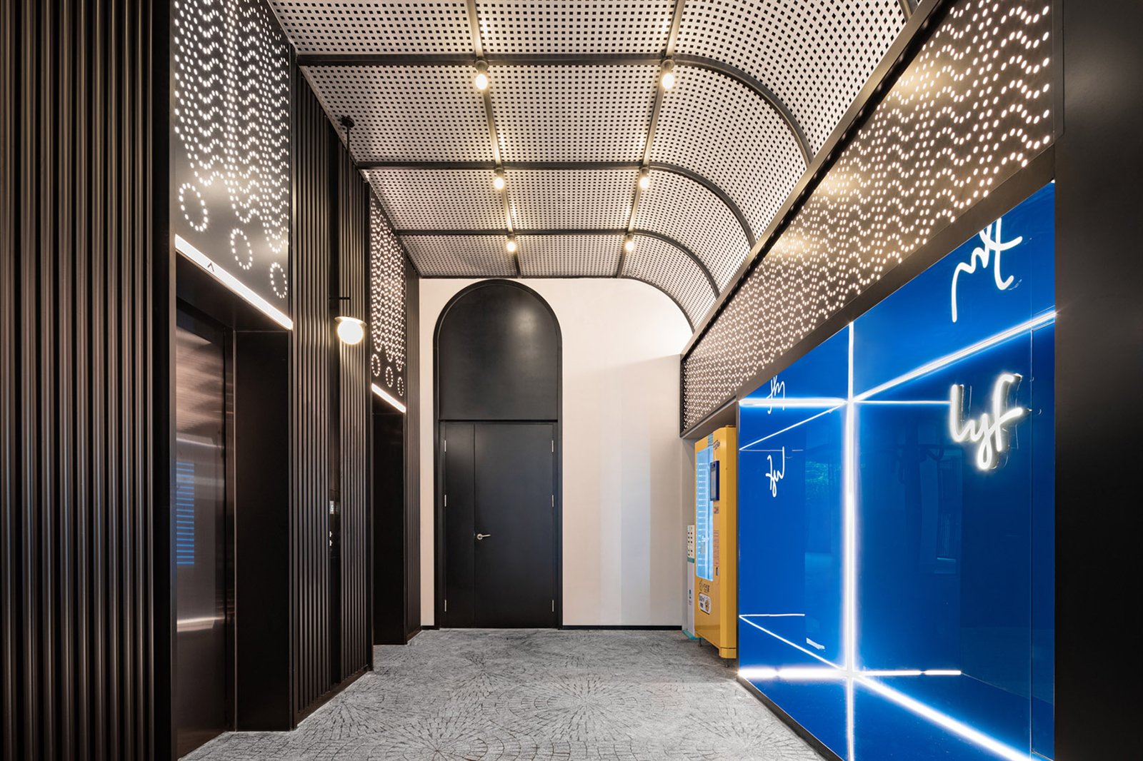 Champagne gold metal wall in a high-end residential lobby