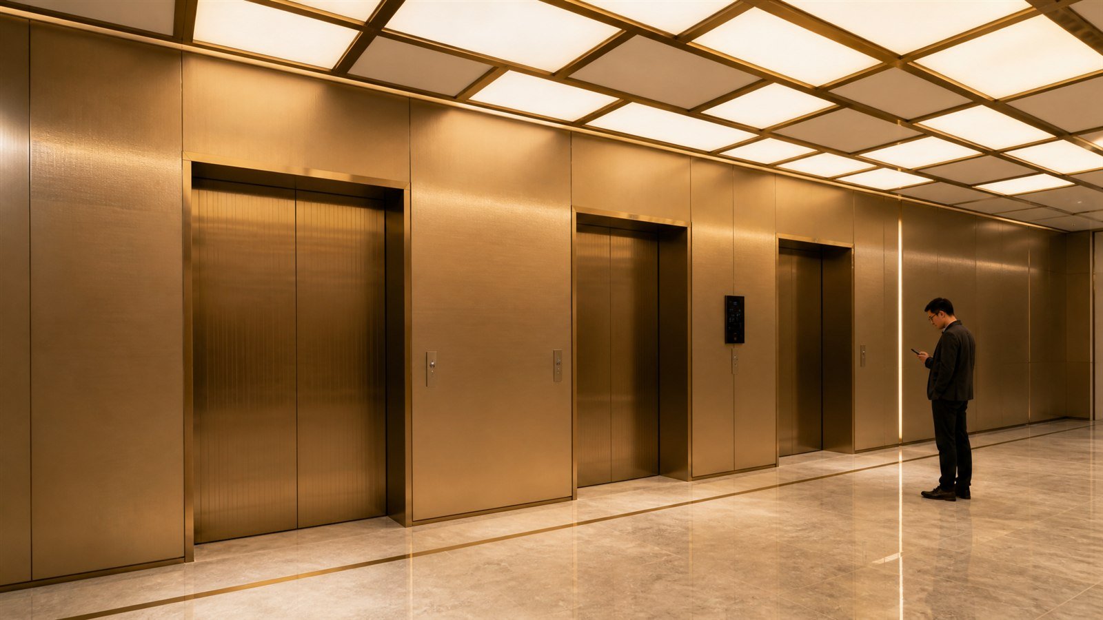Sand-gold PVD stainless steel wall panels with a geometric light ceiling in an office tower elevator lobby