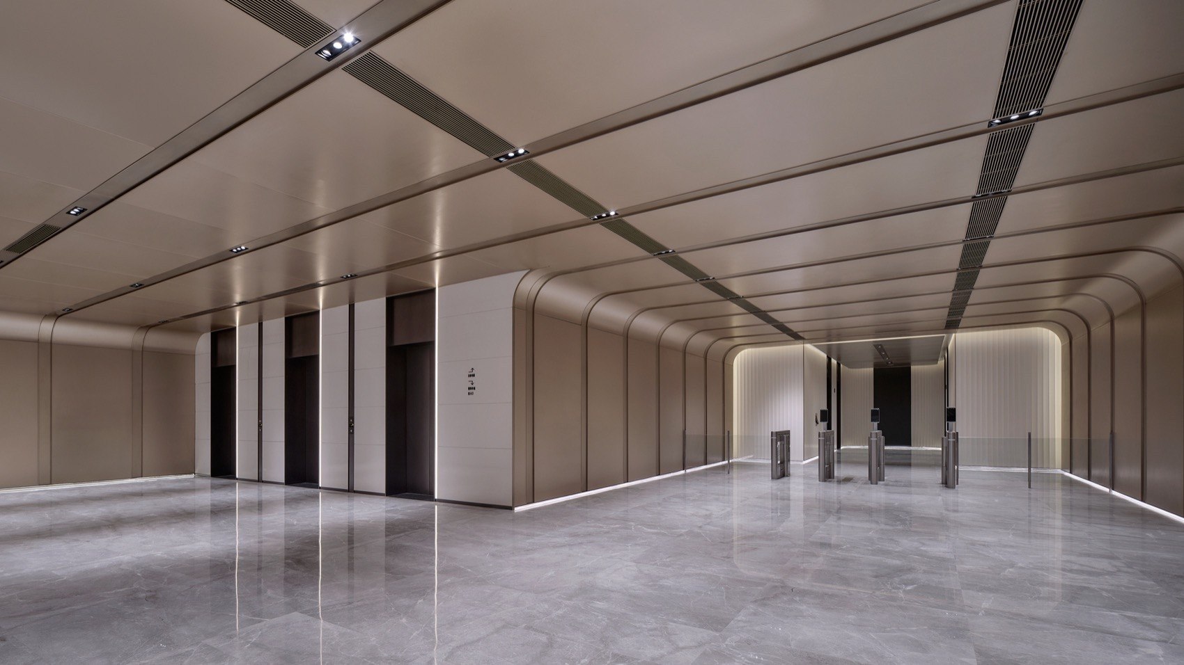 Matte metal ceiling plane interacting softly with indirect architectural lighting