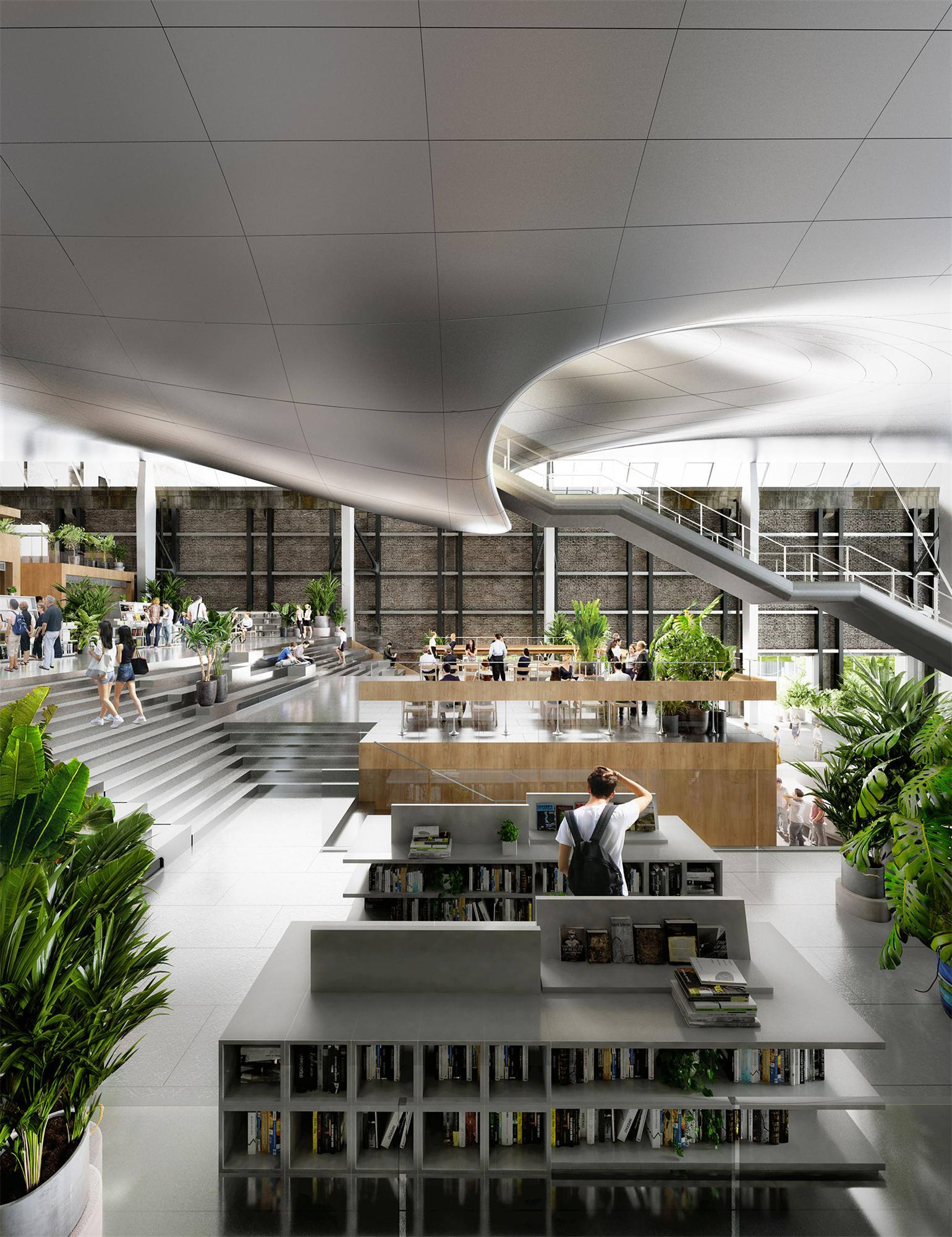 Large suspended ceiling with expressed panel joints in a cultural building interior