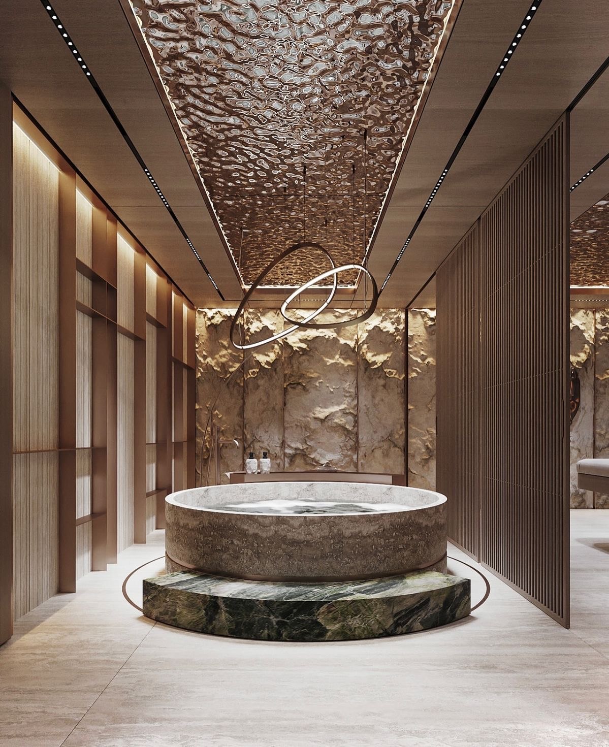 Dark mirror polished stainless steel ceiling with visible panel seams reflecting warm light