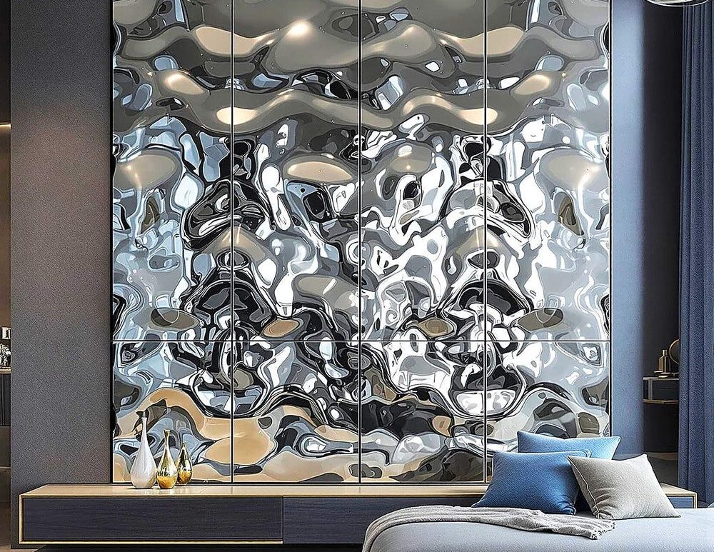 Water ripple mirror feature wall behind a lounge seating group