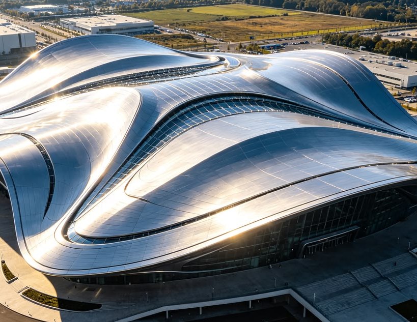 Sculptural stainless steel roof form on a cultural building