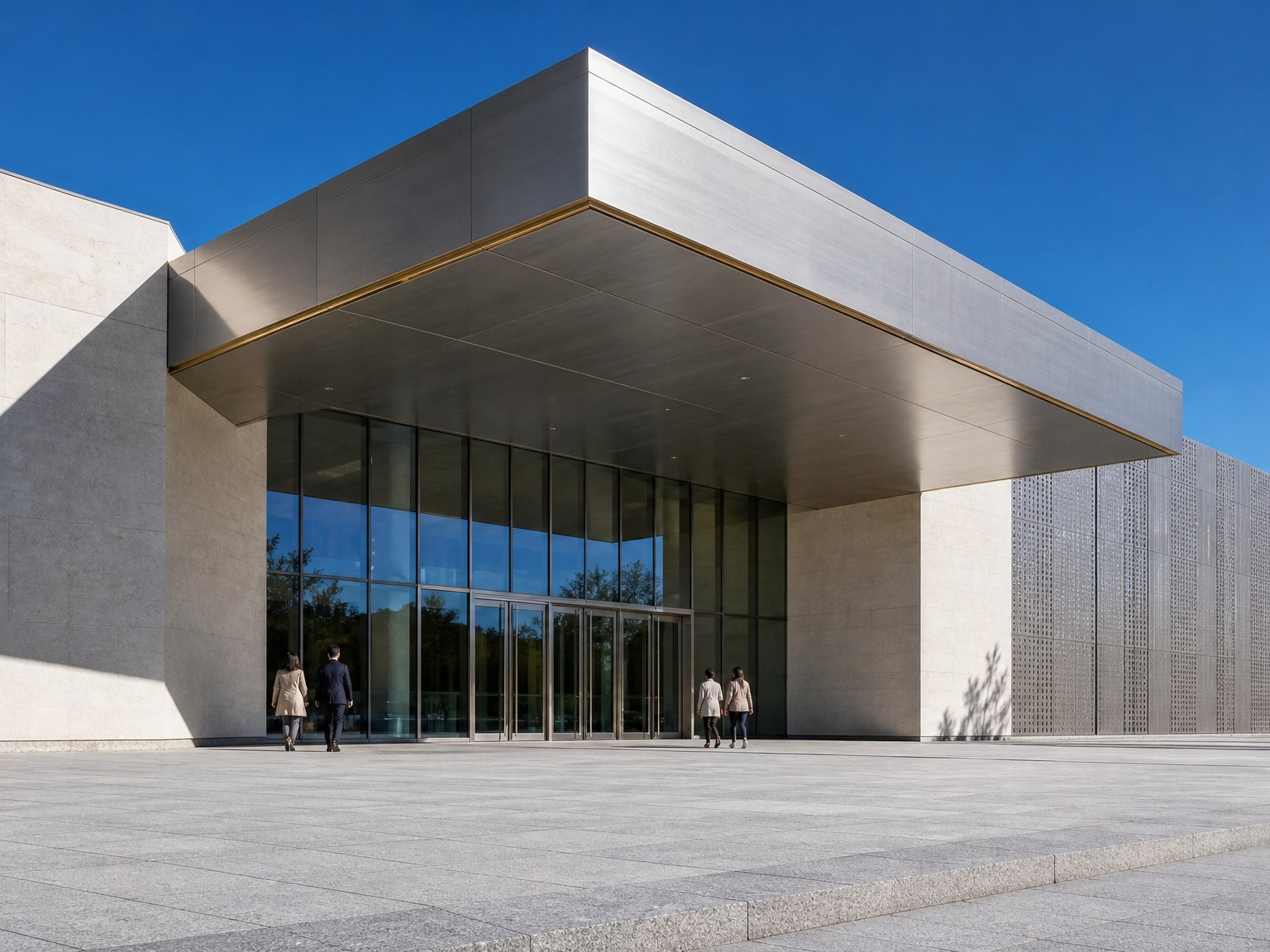 Projecting stainless steel canopy roof over a civic entrance
