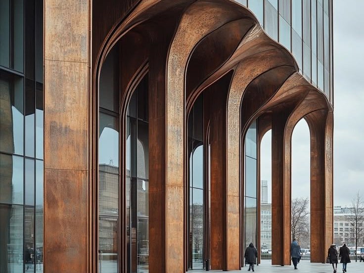 Curved stainless steel portal arches with coordinated column cladding