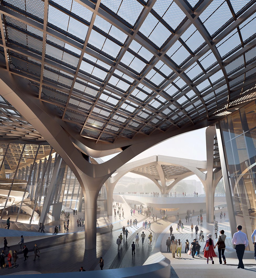 Deep projecting canopy sheltering a public entrance with visitors