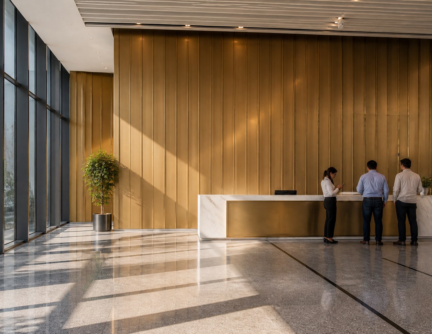 Corporate headquarters entrance hall clad in stainless steel