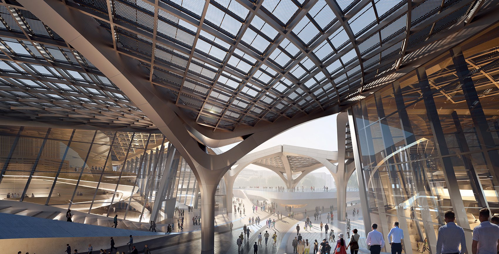 Landmark public entrance with a continuous stainless steel canopy