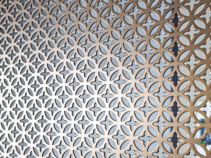 Perforated stainless steel art panel with an open repeating pattern