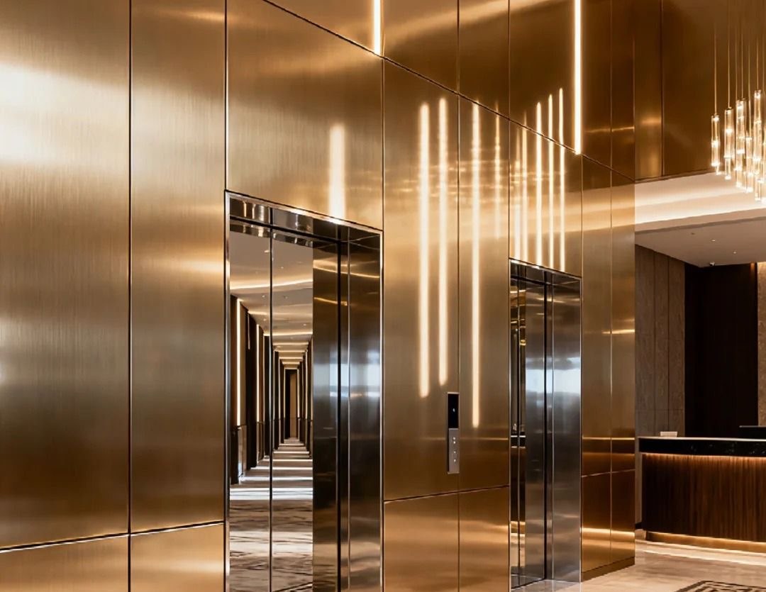 Bronze stainless steel elevator lobby walls and reflective portals