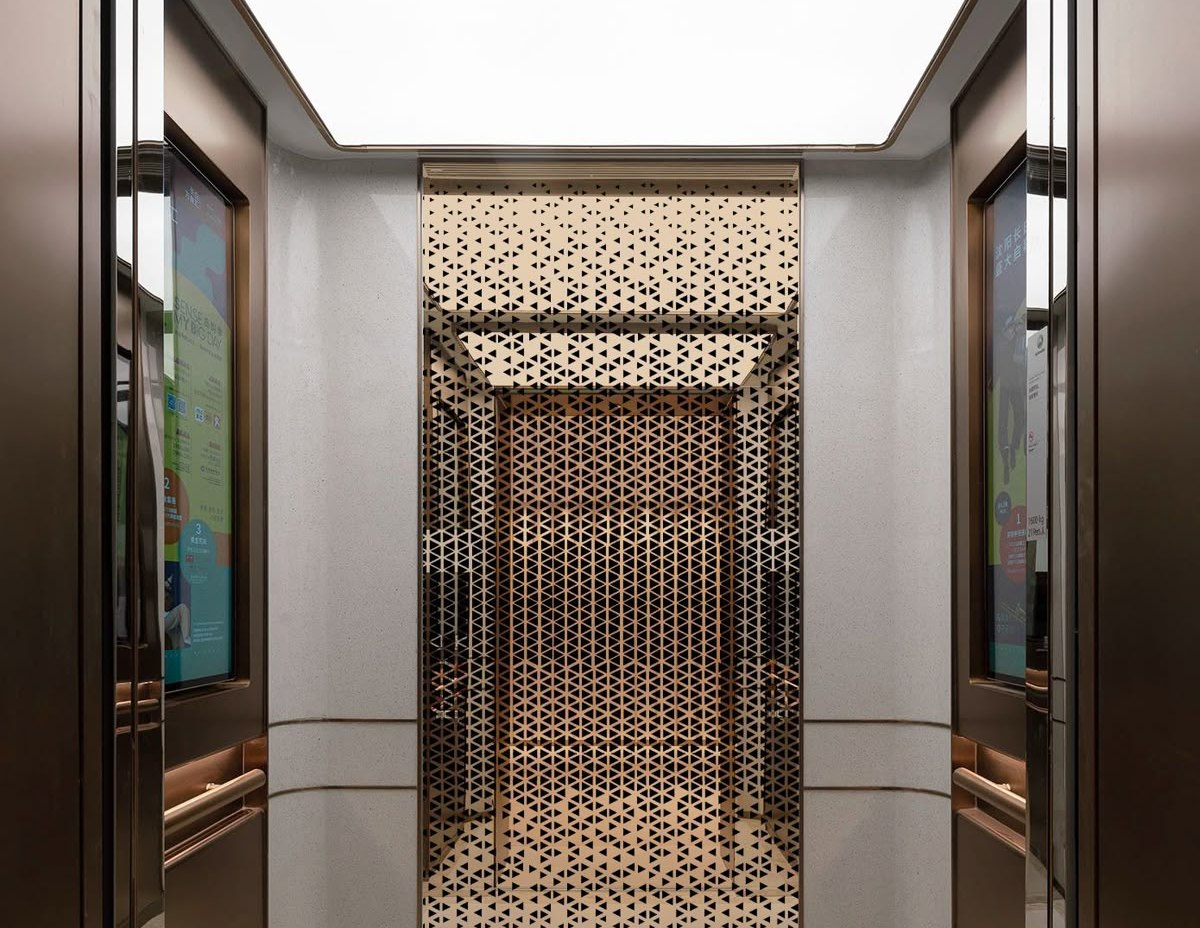 Decorative stainless steel grille wall in a cultural interior