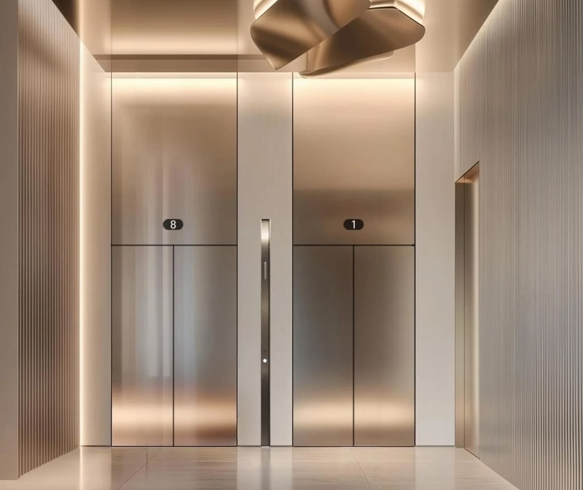 Cabin wall detail with a patterned stainless steel feature panel