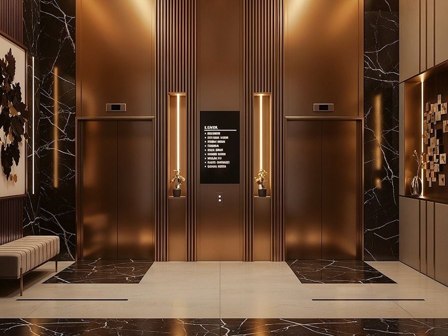 Elevator lobby where stainless steel surfaces meet the wider interior