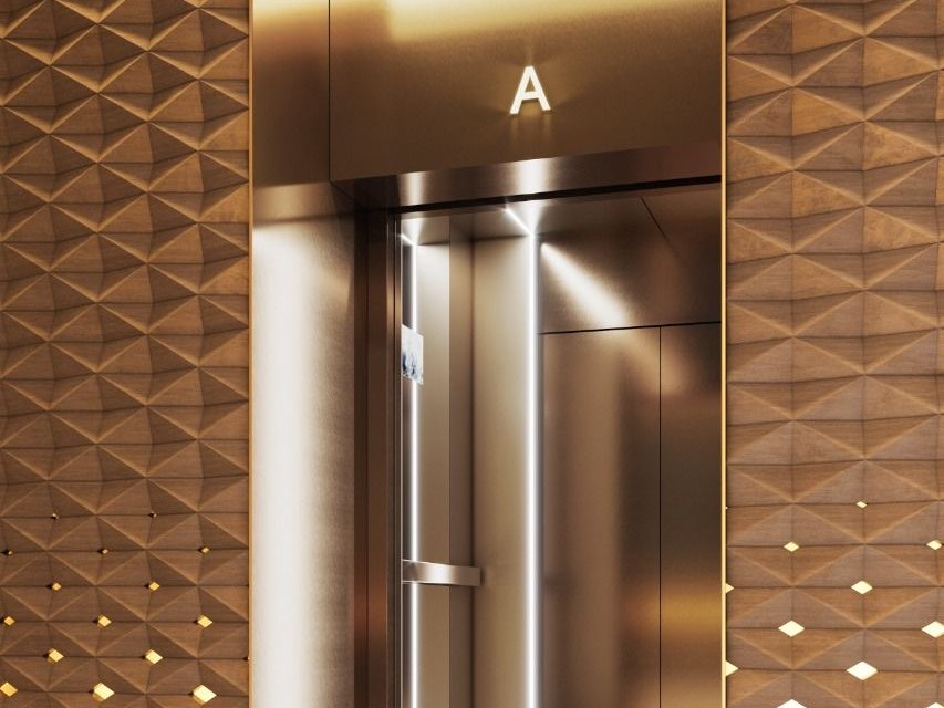 Elevator doors and portal surround with a patterned stainless steel finish