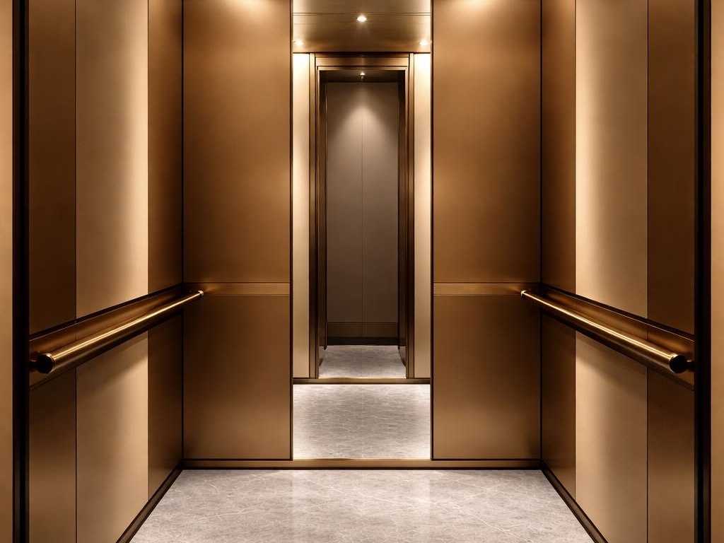 Mirror stainless steel surfaces expanding a compact cabin interior