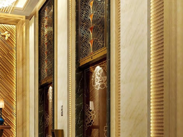 Etched decorative stainless steel panels on an elevator landing door and its surround