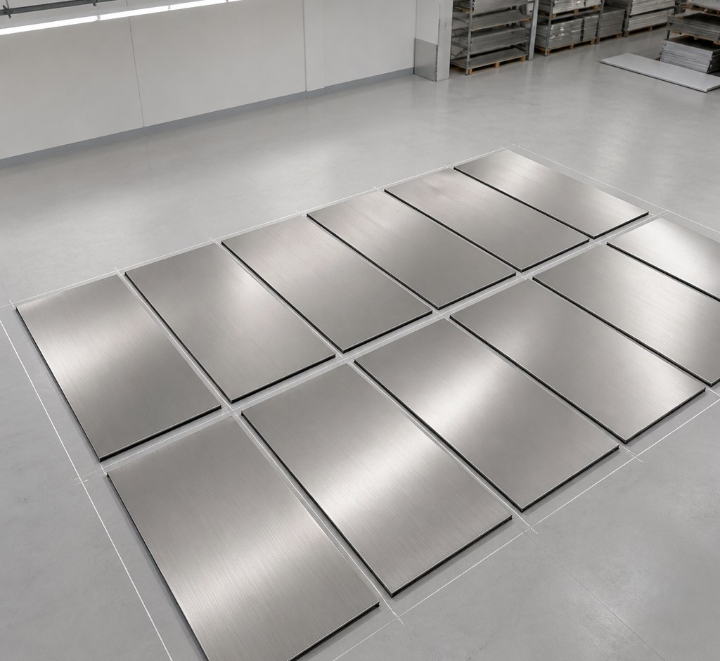 Elevator wall panels laid out in a modular grid on the workshop floor