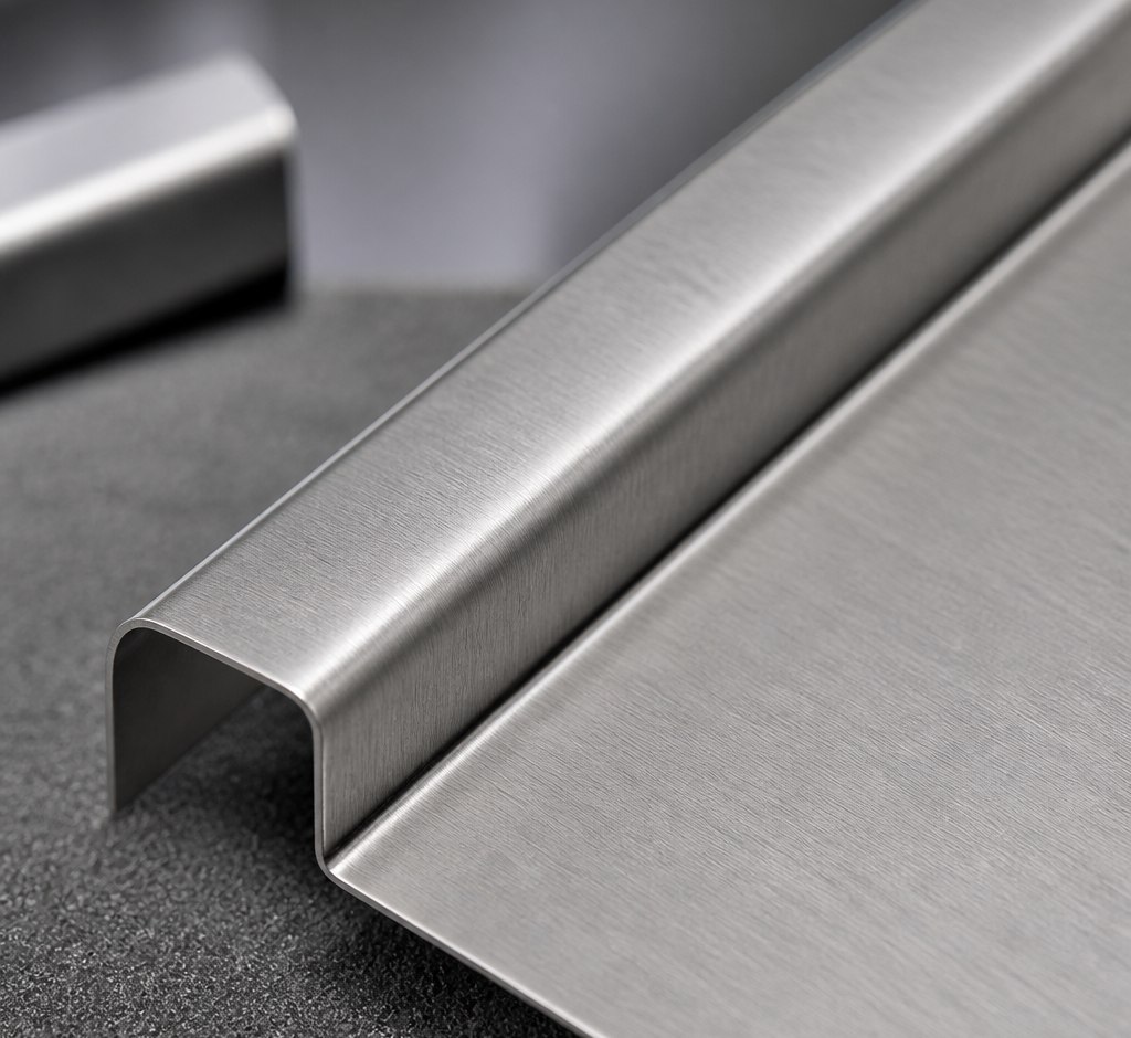 Folded return edge of a brushed stainless steel elevator panel in close-up