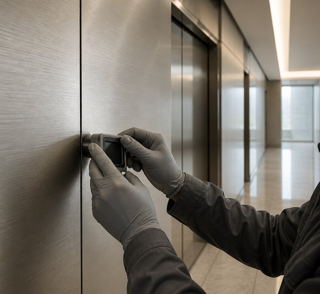 Surface check on the brushed stainless steel wall cladding of an elevator lobby