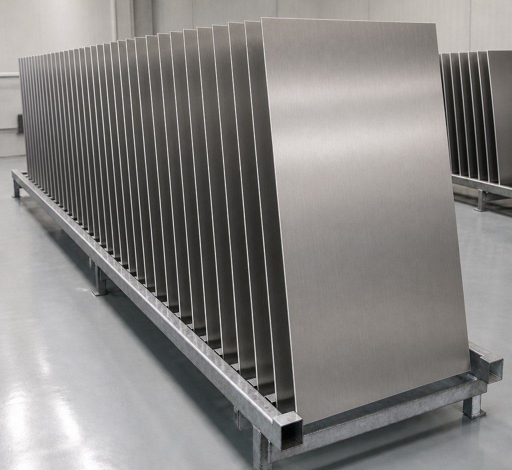 A batch of identical brushed stainless steel elevator panels standing in a rack
