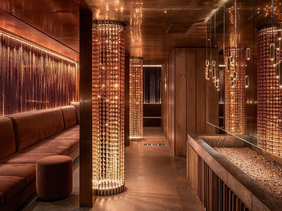 PVD bronze reception counter and metal-clad wall in a warm hospitality interior