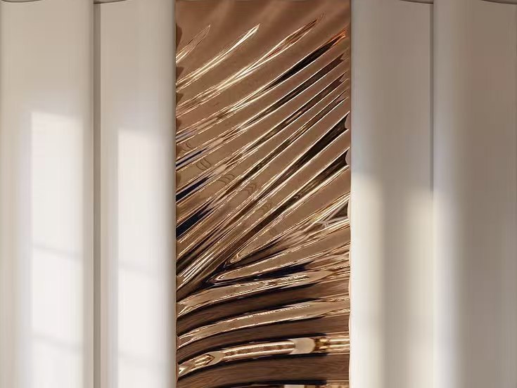 Stainless steel feature panel balanced against timber grain and warm flooring