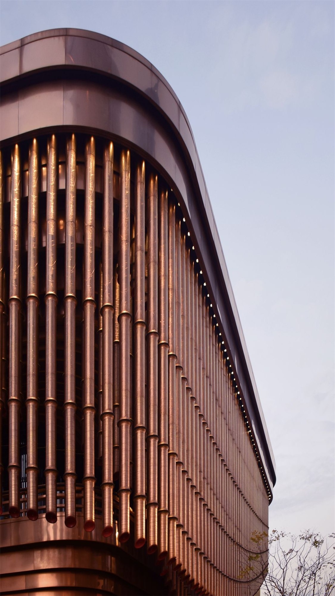 Brushed stainless steel facade expression across a large architectural plane
