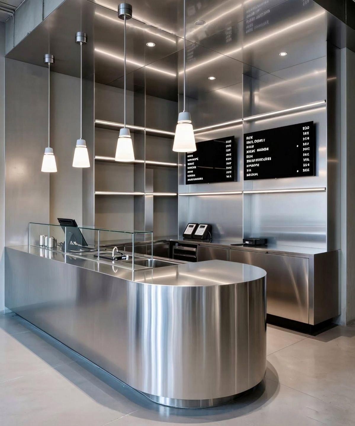 Bespoke stainless steel interior feature developed around geometry and lighting