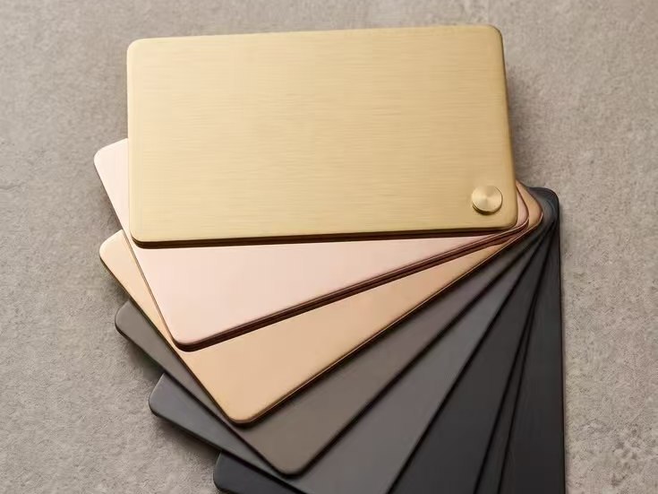 PVD colour coated stainless steel samples in architectural metallic tones