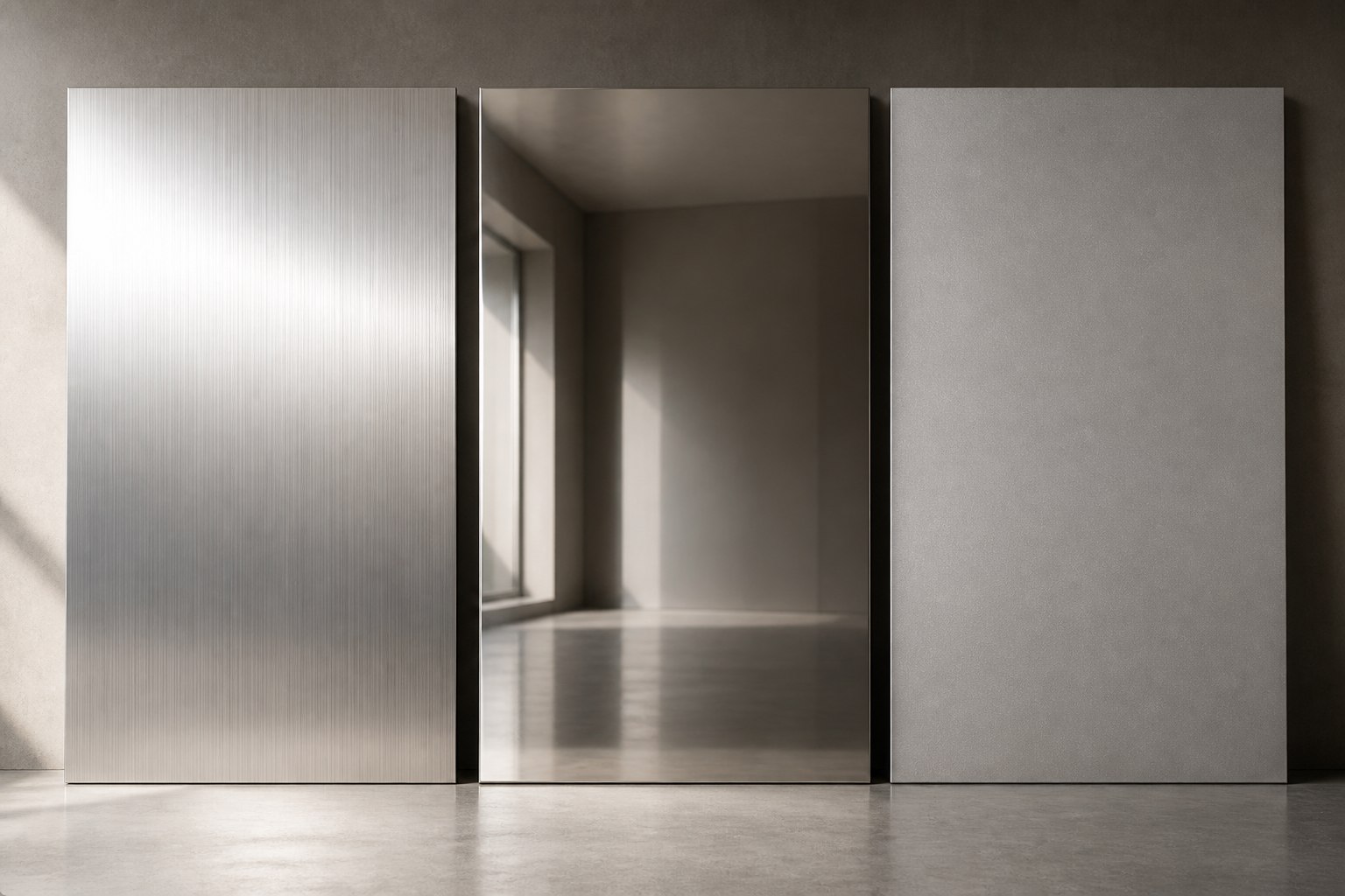 Brushed, mirror-polished and bead-blasted stainless steel sheets standing side by side in an architectural studio