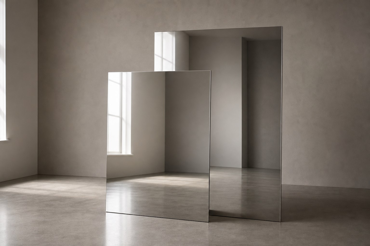 Two mirror-polished stainless steel sheets offset in depth, each reflecting the surrounding studio
