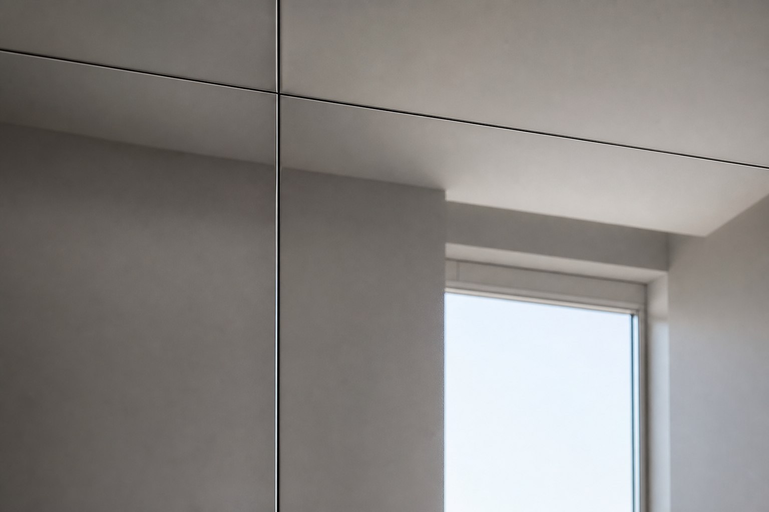 Close-up of a mirror-polished surface reflecting straight architectural lines and a window