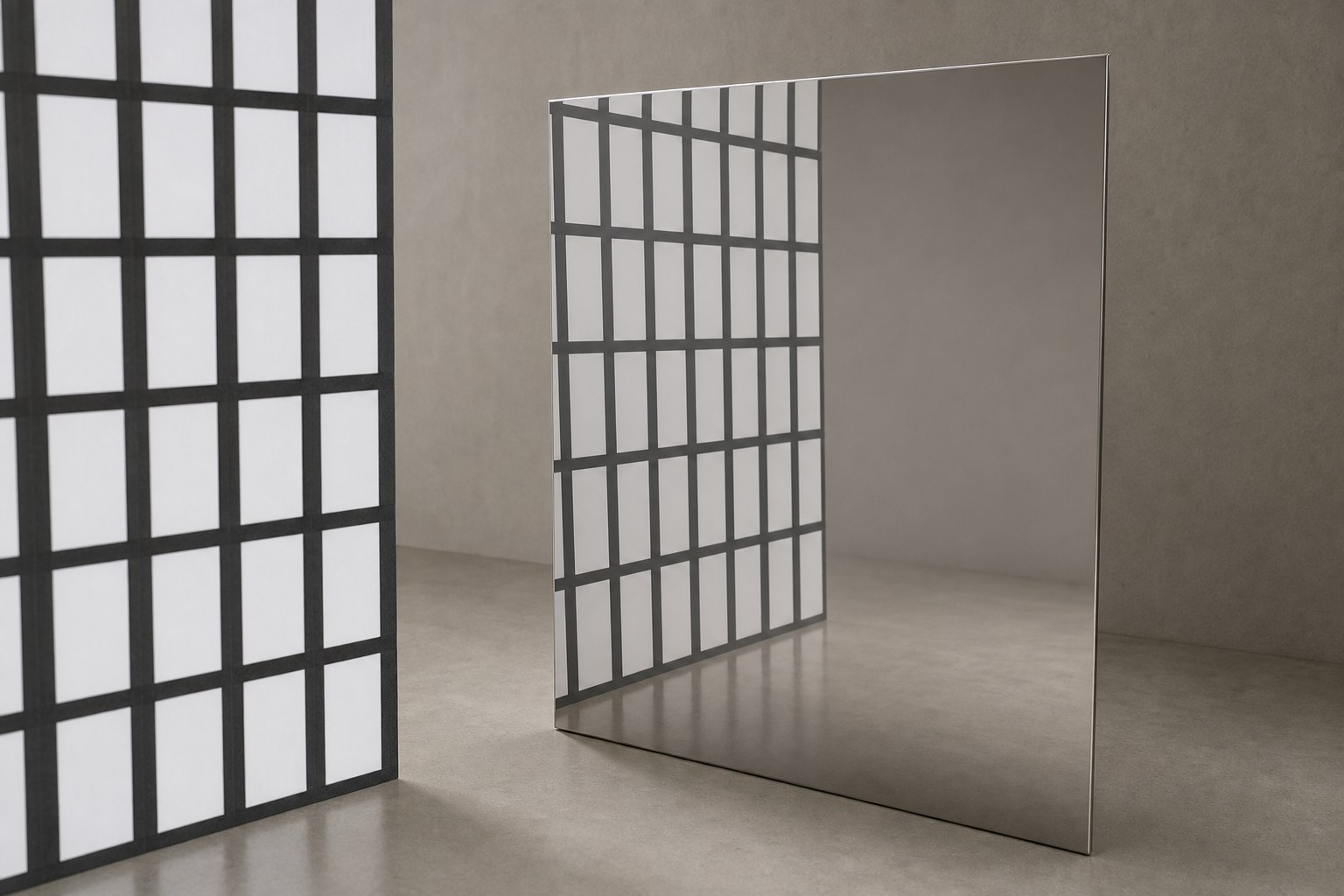 Mirror sheet reflecting a black and white architectural grid with straight, evenly spaced lines