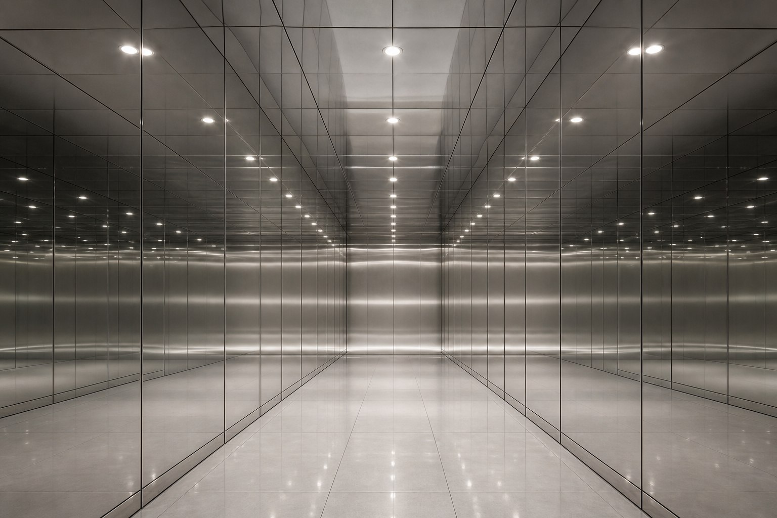 Compact interior clad in mirror-polished stainless steel in which reflection extends the perceived depth beyond the physical surface