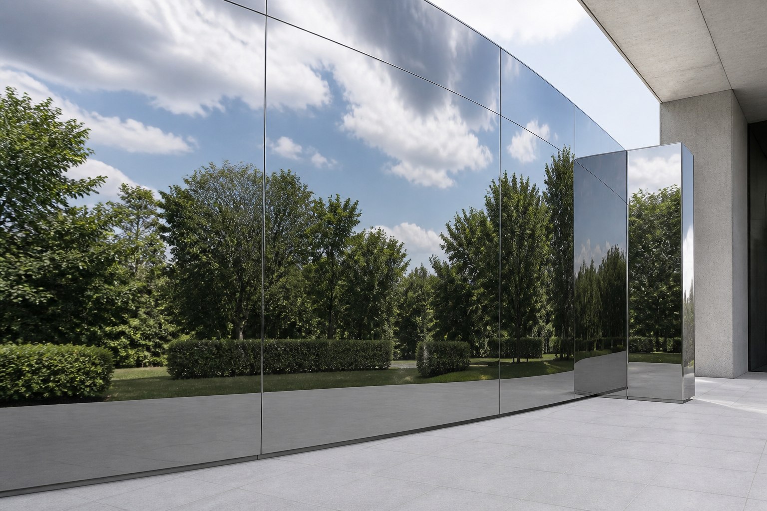 Mirror-polished stainless steel cladding reflecting trees, sky and the surrounding landscape
