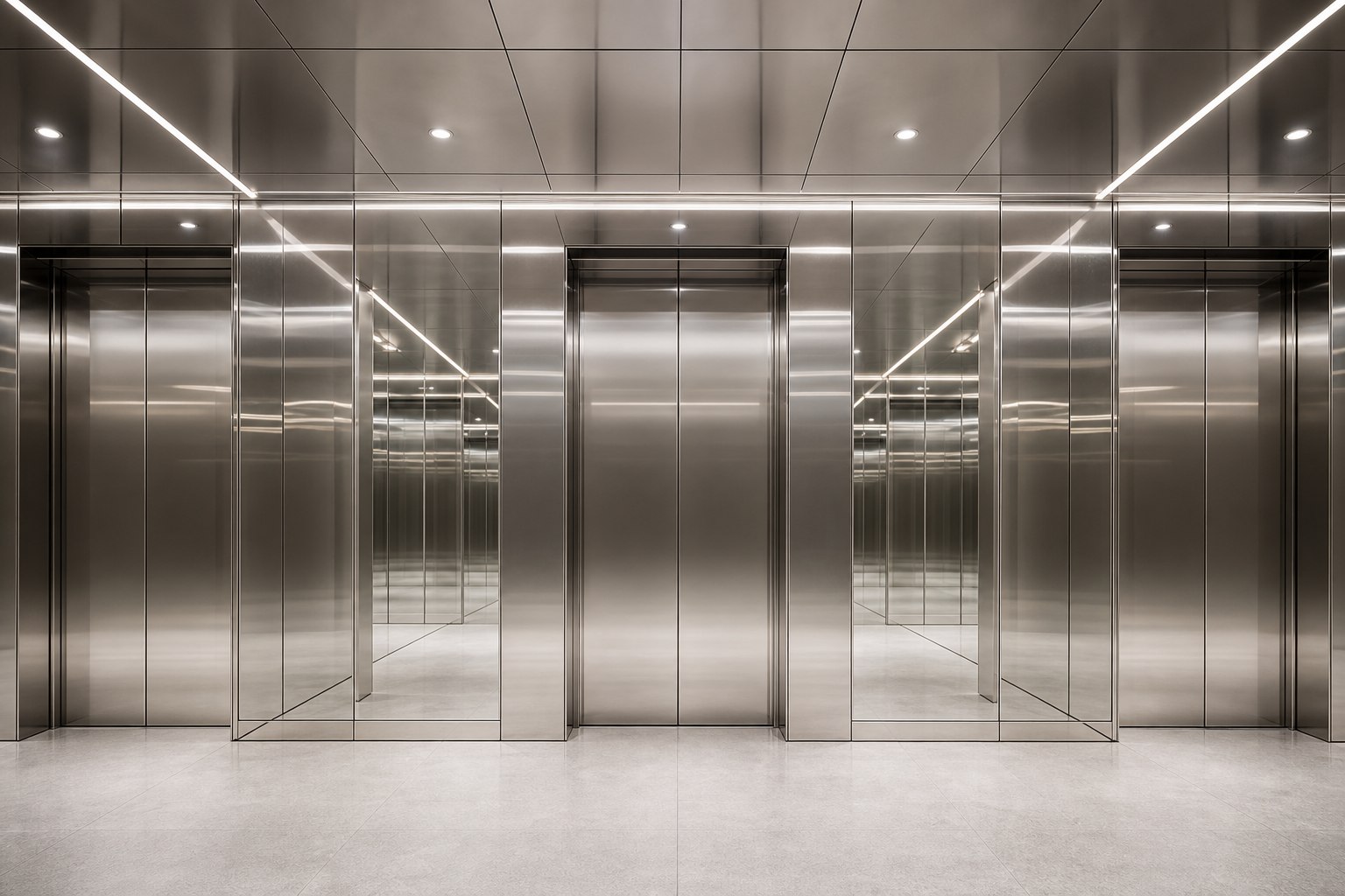 Mirror-polished stainless steel lift lobby increasing the perceived scale and brightness of the cabin environment