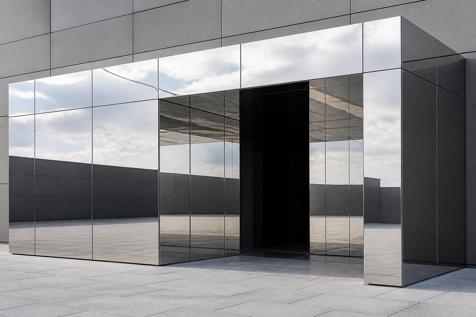 Mirror-finished entrance portal reflecting the forecourt and sky across polished reveals and soffit