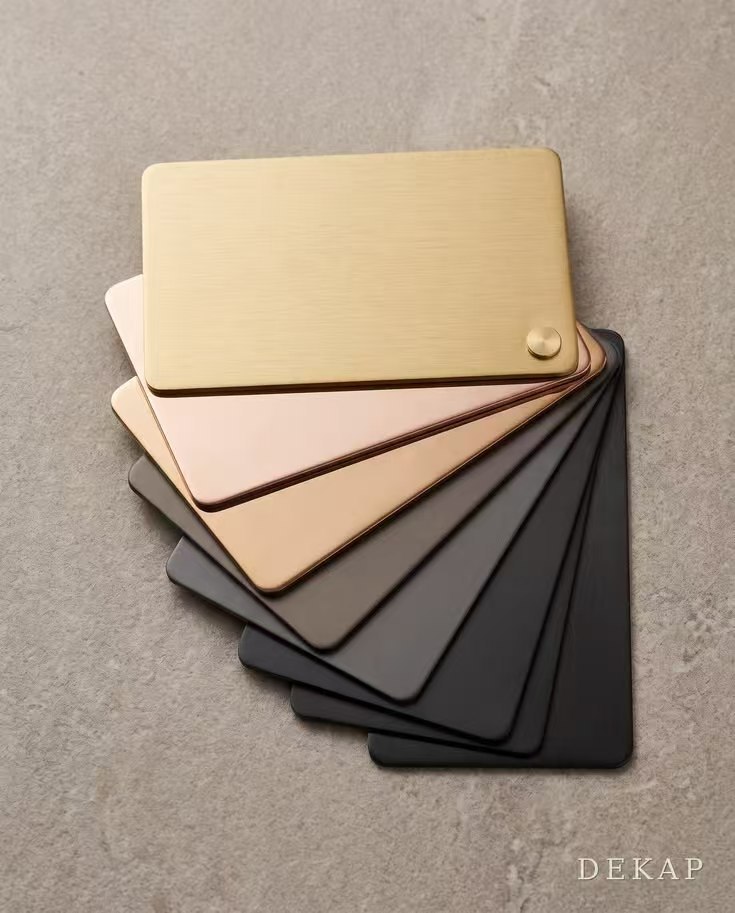 PVD colour coated stainless steel samples in architectural metallic tones
