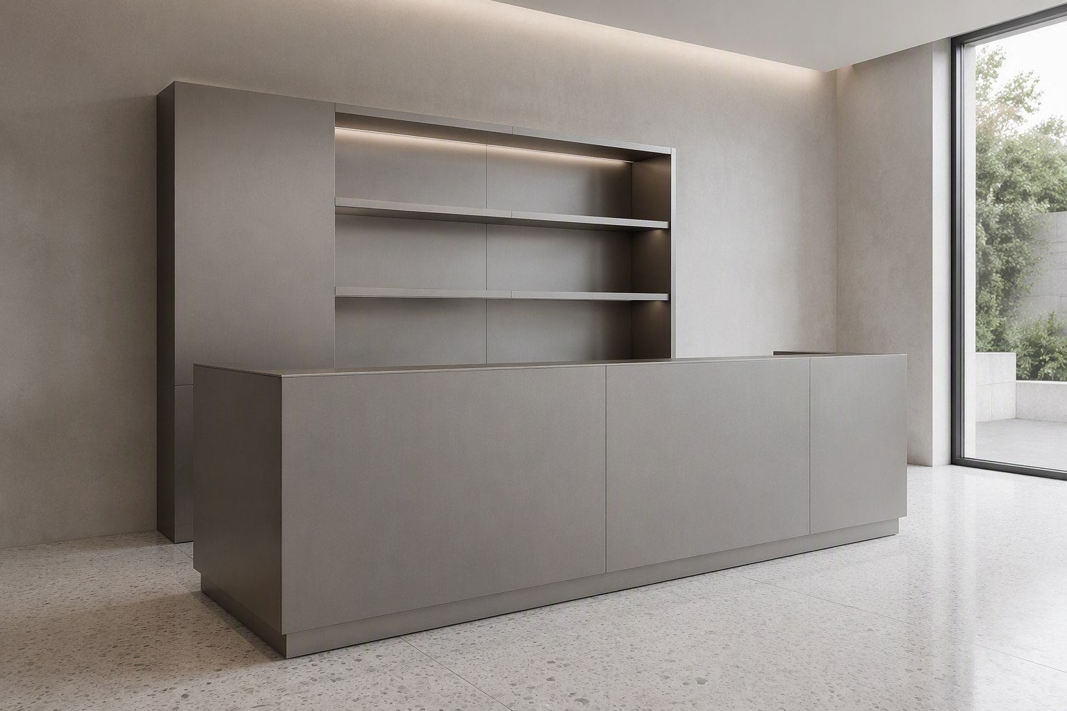 Bespoke stainless steel volume with a fine matte texture in an interior setting