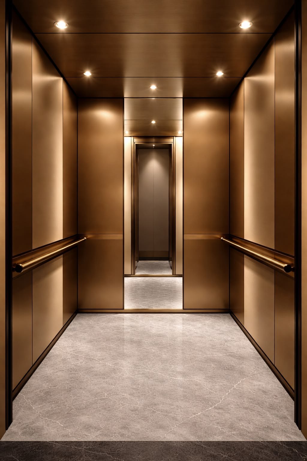 Bronze-toned PVD stainless steel carried through a lift lobby and cabin