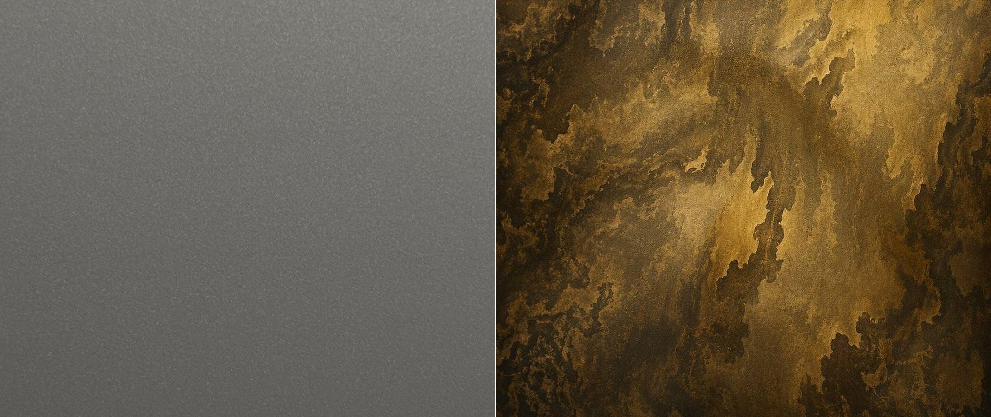 A clean silver-grey anti-fingerprint stainless steel surface beside a dark burnished bronze patina surface
