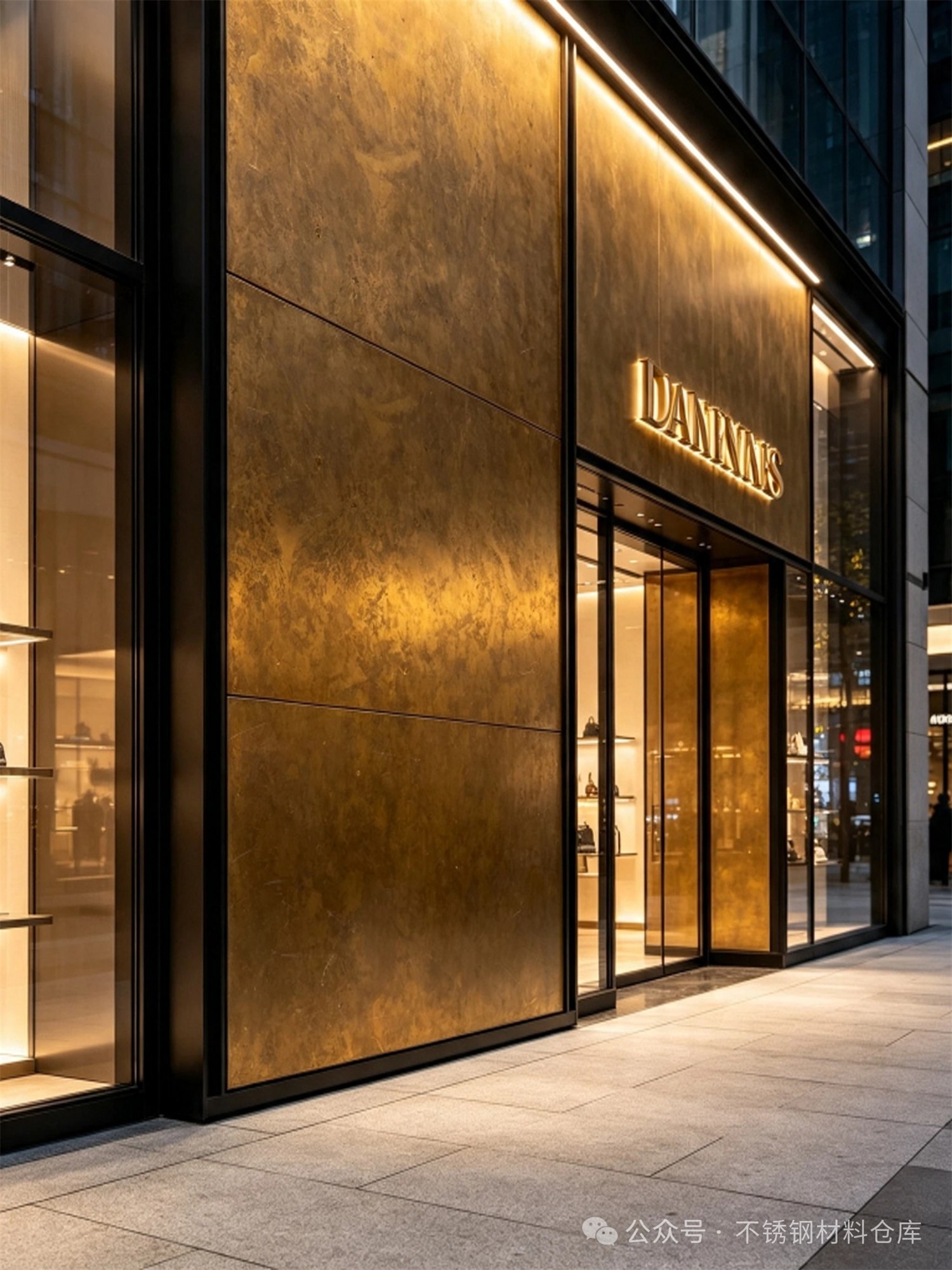 A hospitality interior using antique patina stainless steel for warmth and material identity
