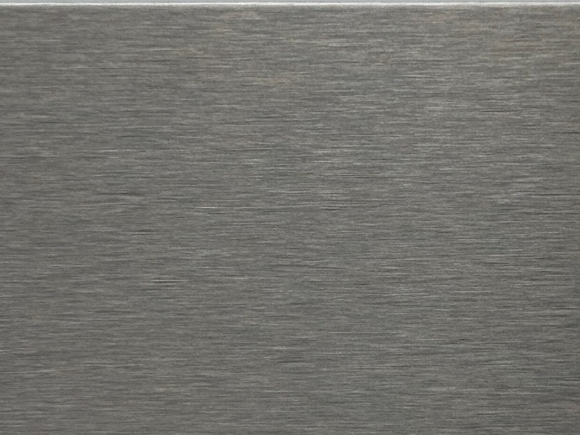 A soft matte nano anti-fingerprint stainless steel surface with a fine No.4 grain