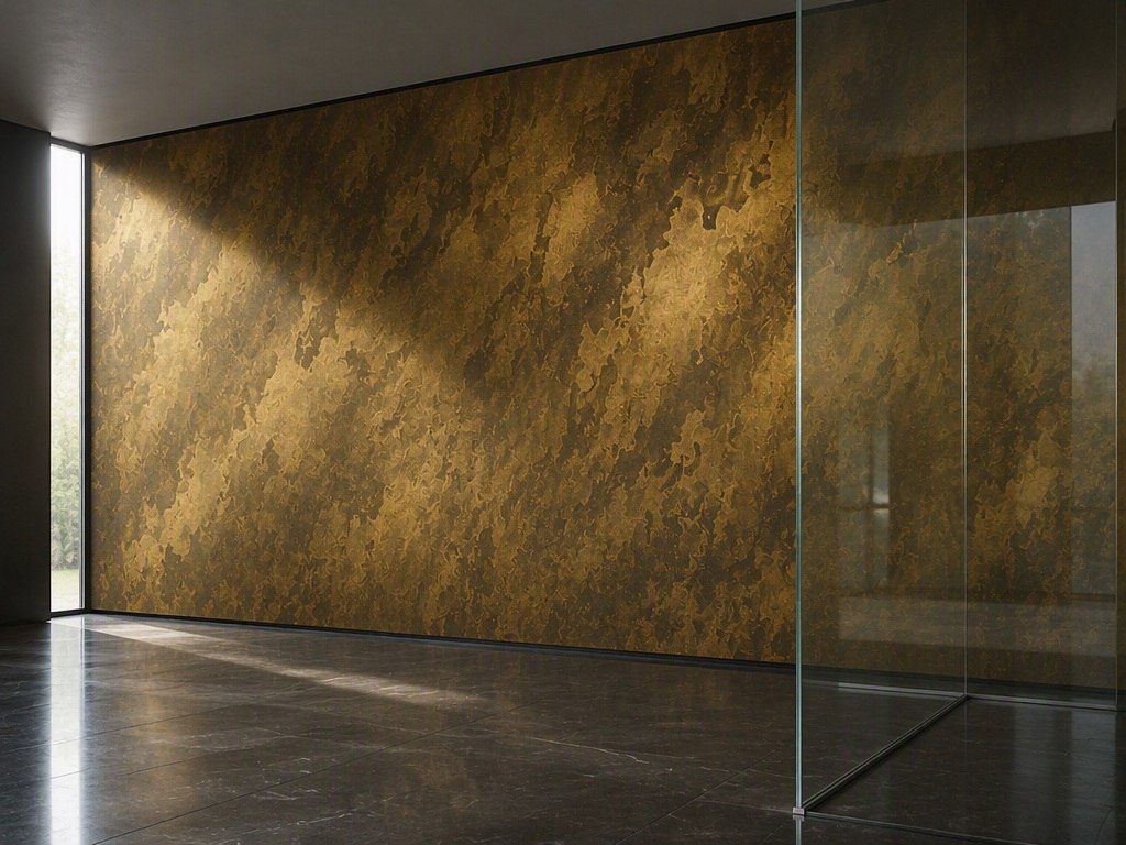 Reflective glass set against the deeper character of patinated metal