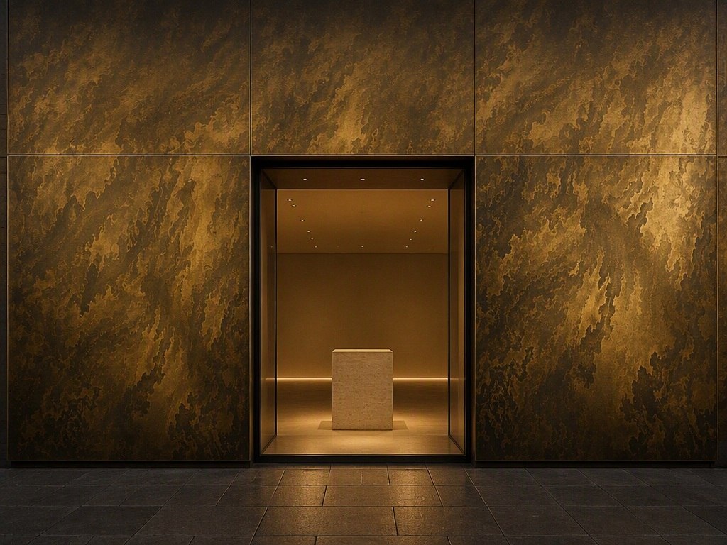 A distinctive luxury retail envelope in warm metal