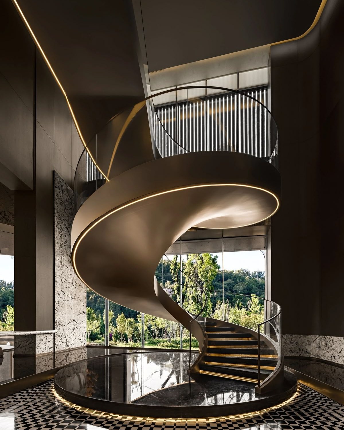 A stainless steel wall detail in a warm interior