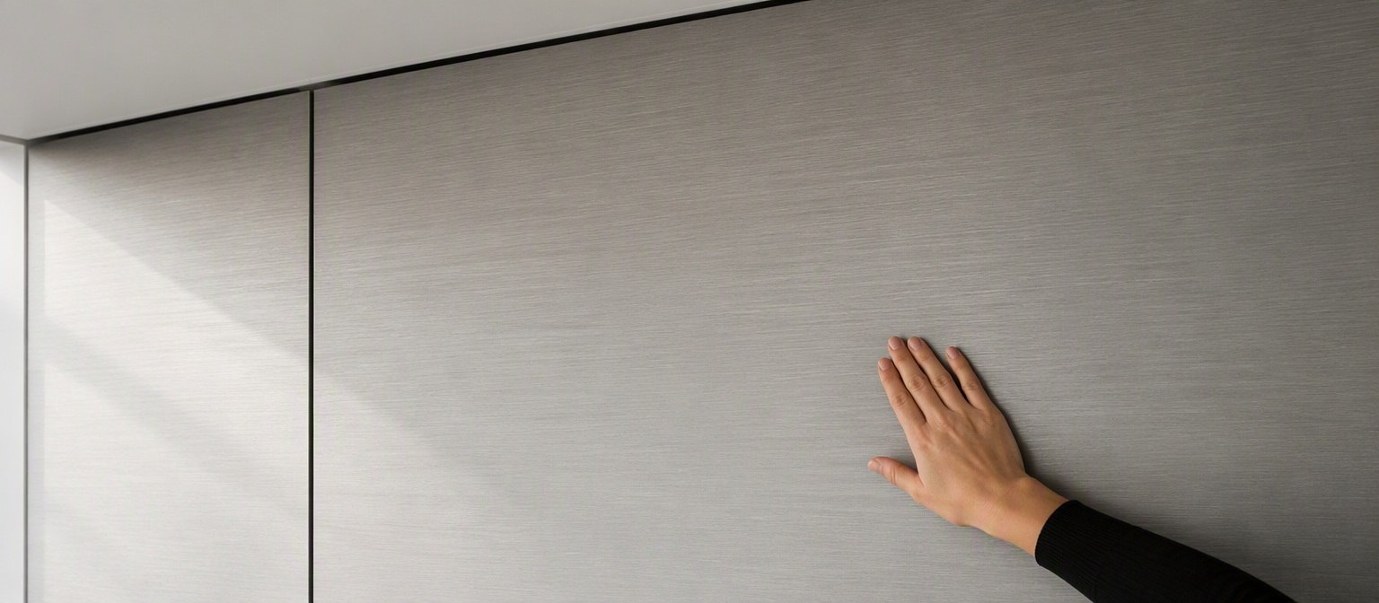 A hand resting on a silver hairline nano anti-fingerprint stainless steel wall panel in a bright interior